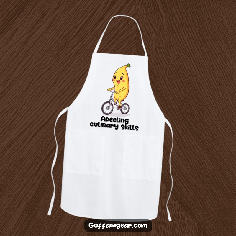 Funny apron with a happy banana character riding a tiny unicycle, adding a humorous and cheerful element to kitchen tasks.