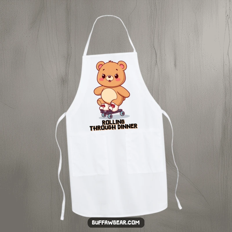 Funny apron showing a smiling bear on roller skates, humorously wobbling while preparing food in the kitchen.