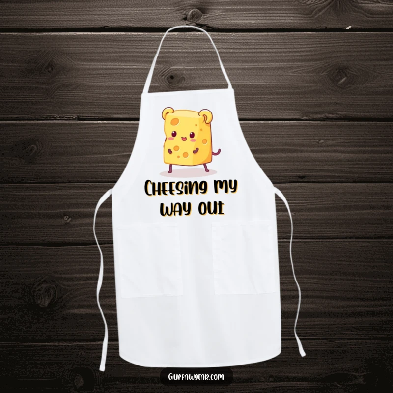 Funny apron showing a piece of cheese with legs humorously trying to escape a very small mouse trap, designed for cooks who love cheesy jokes.