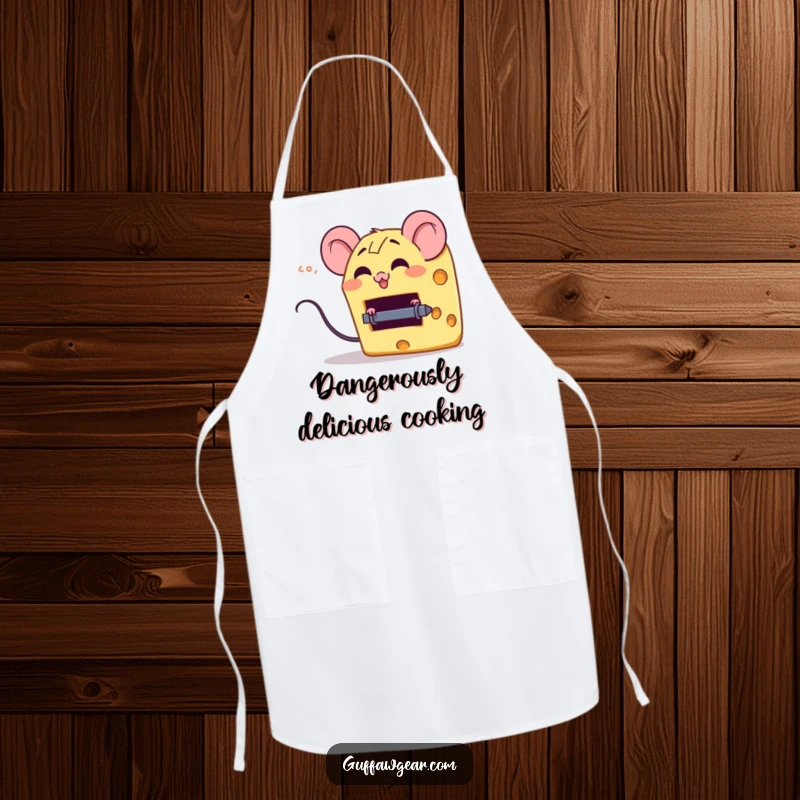 Funny apron with a giggling cheese wedge character escaping a tiny mouse trap, adding a humorous touch to cooking and baking.