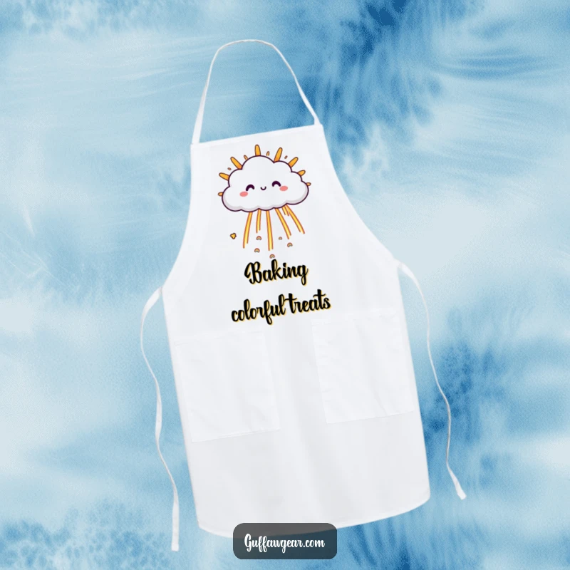 Funny Cloud Apron: A happy cloud character raining tiny rainbows onto a grumpy sun, perfect for cheerful cooking.