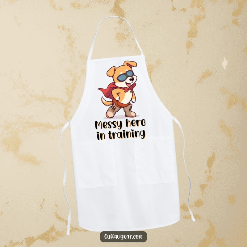 Funny Dog Superhero Apron: A comical dog in a superhero cape trips over its oversized boots, designed for kitchen fun.