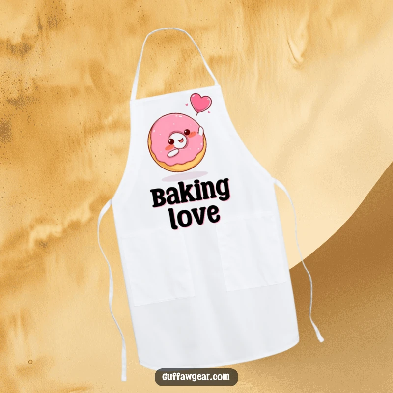 Funny Apron showing a blushing donut catching a flying candy heart, great for a cheerful baker.