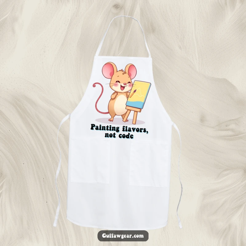 Funny Kawaii computer mouse painting a masterpiece, a humorous kitchen apron for artists and crafters.
