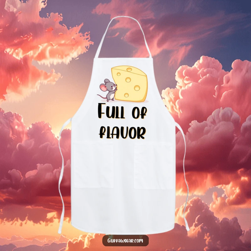 Funny apron with a mouse heroically attempting to lift a giant Swiss cheese, perfect for kitchen use and showing determination.