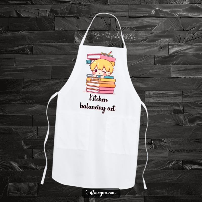 Funny apron featuring a character attempting to balance a precarious stack of office supplies, a humorous design for those who juggle many items.