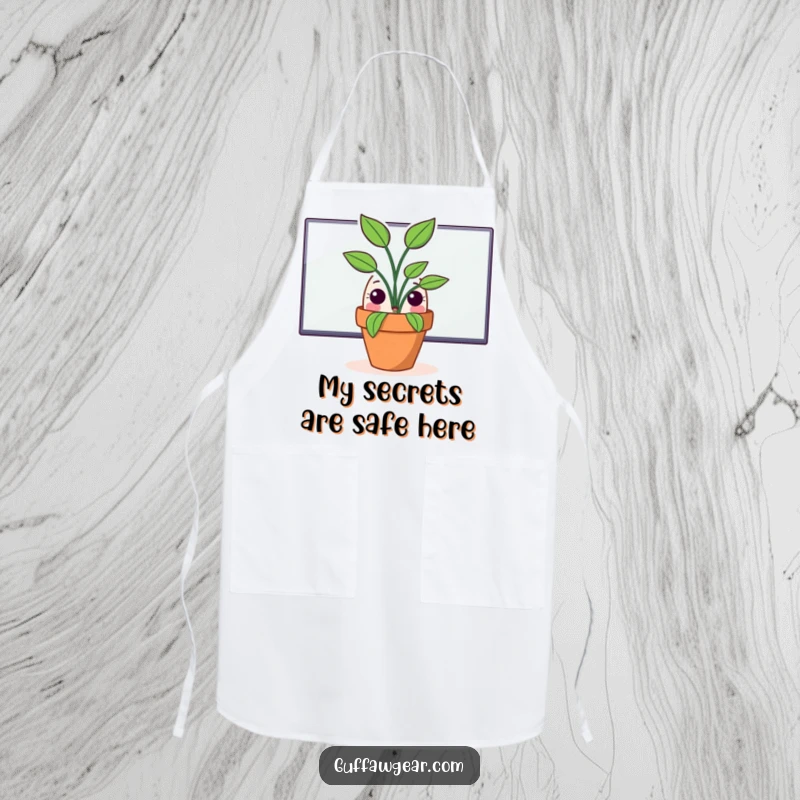 Funny apron showing a surprised potted plant peeking from behind a computer monitor, adding a humorous touch to kitchen activities.