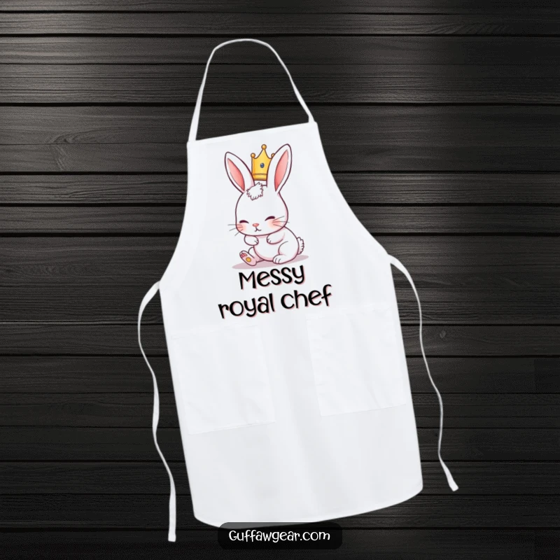 Funny Rabbit Apron showing a cute rabbit wearing a tiny crown, hilariously tripping over its ears, perfect for kitchen wear.