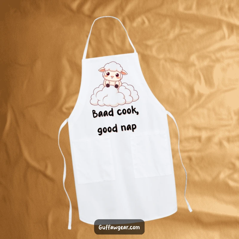 Funny apron showcasing a sheep dramatically falling into fluffy clouds, ideal for chefs and home cooks who appreciate humor.