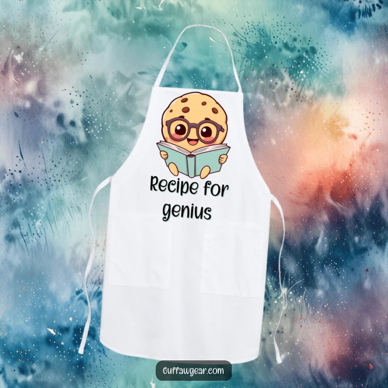 Funny smiling cookie character wearing tiny glasses, reading a giant book, depicted on a functional and humorous kitchen apron.