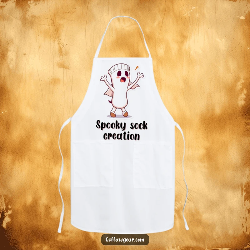 Funny apron depicting a dancing sock character with a bewildered ghost emerging, ideal for adding humor to cooking and baking.