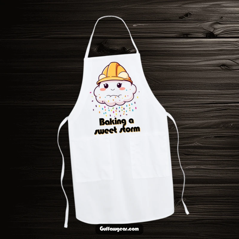 Funny Apron showing a cloud wearing a construction helmet, raining colorful sprinkles, perfect for a cook who enjoys cheerful kitchenware.