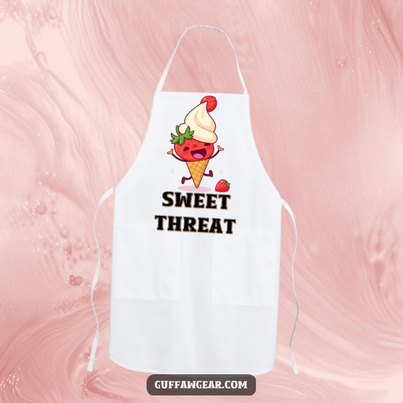 Funny apron depicting a startled strawberry running from a laughing ice cream cone, designed for kitchen protection with a humorous dessert-themed flair.