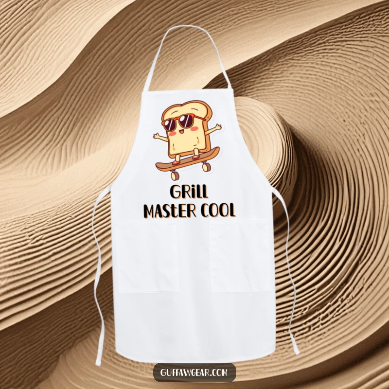 Funny apron depicting a slice of toast wearing sunglasses, riding a skateboard, designed for kitchen protection with a humorous and cool breakfast theme.