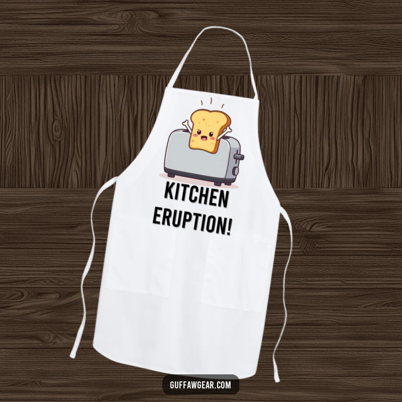 Funny Toast Apron: A startled piece of toast character leaping out of a toaster, perfect for humorous cooking.