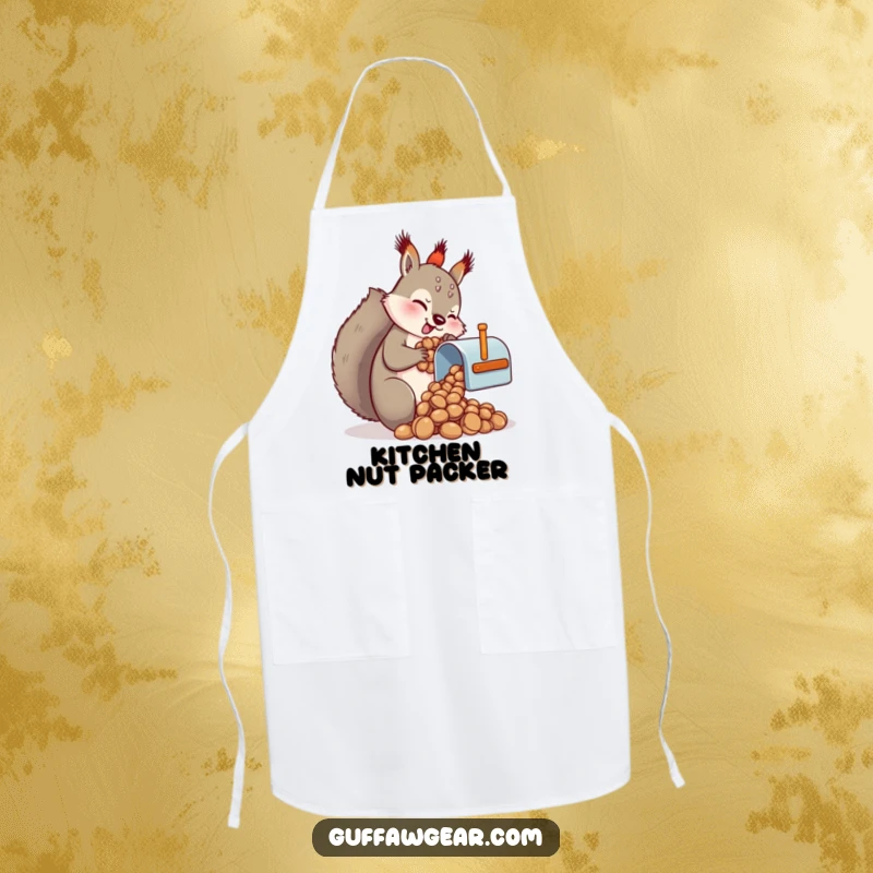 Funny Squirrel Apron: A comical squirrel attempts to stuff nuts into a tiny mailbox, designed for kitchen fun.