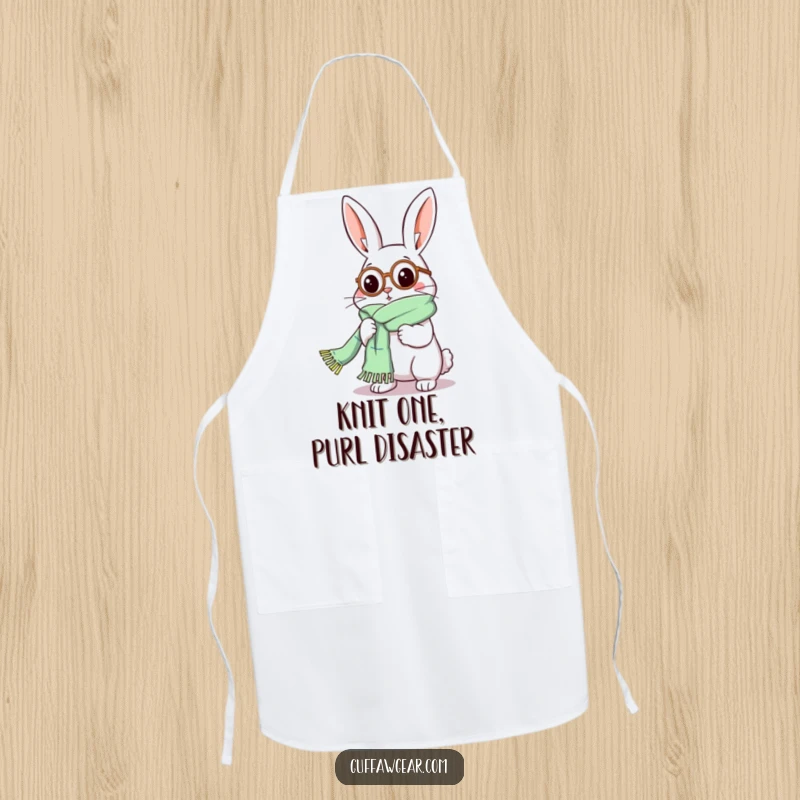 Funny Rabbit Apron: A rabbit in a monocle comically knits a scarf that keeps getting longer, on a practical apron.