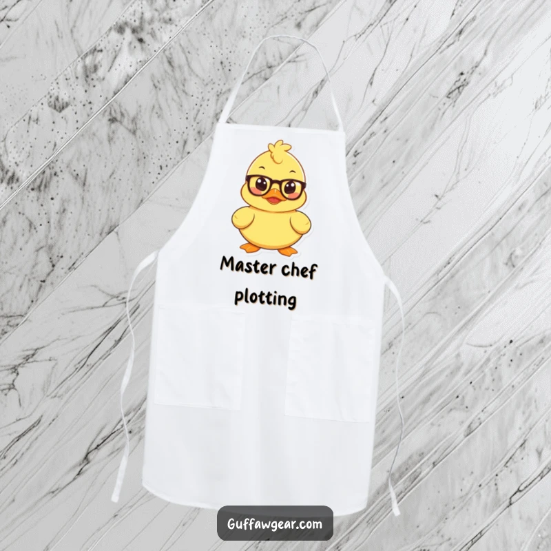 Funny apron with a mischievous rubber duck wearing spectacles, plotting, perfect for kitchen strategies and humor.