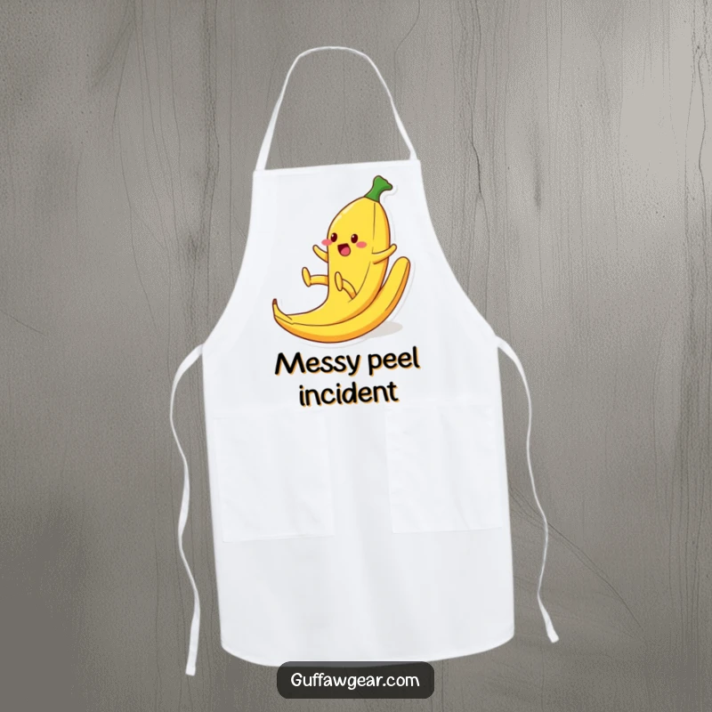 Funny apron showing a food character comically slipping on a banana peel while cooking, a humorous kitchen mishap for culinary enthusiasts.