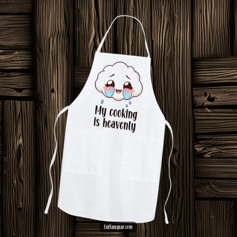 Funny cloud character crying oversized, sparkly tears of joy on a cooking apron, bringing cheerful energy to the kitchen.