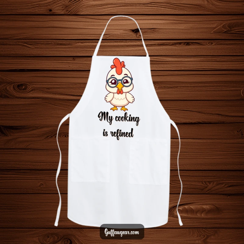 Funny rubber chicken wearing a monocle, comically winking, on a practical and humorous apron for kitchen fun.