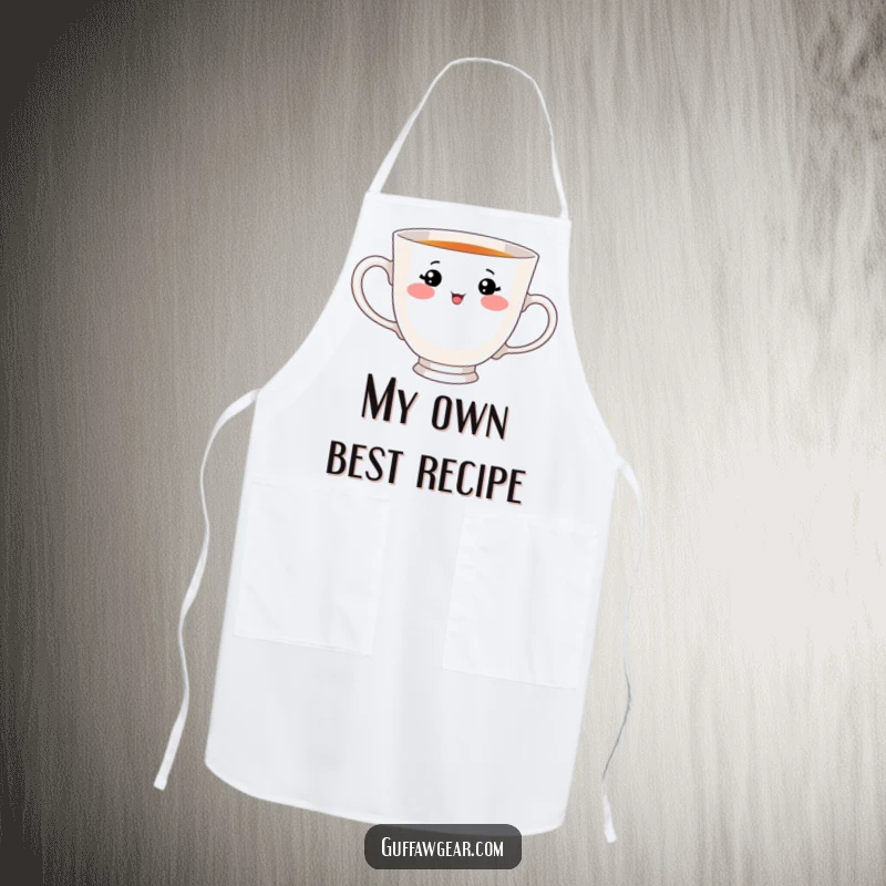 Funny apron featuring a teacup character with a cute face, adorably trying to drink from its own handle, perfect for humorous kitchen adventures.