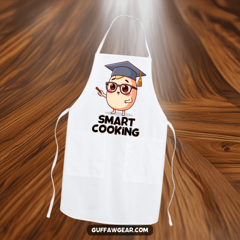 Funny apron showing a food character wearing a graduation cap and spectacles, lecturing, ideal for a culinary instructor.