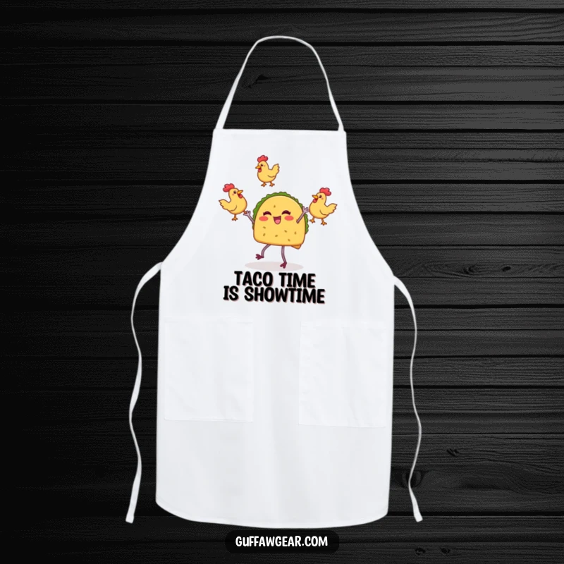 Funny apron depicting a taco character with legs enthusiastically juggling three rubber chickens, ideal for kitchen creativity and humor.