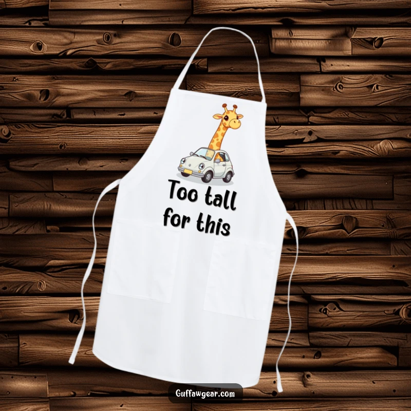 Funny apron showcasing a giraffe awkwardly trying to fit into a tiny car, ideal for kitchen use and humorous flair.