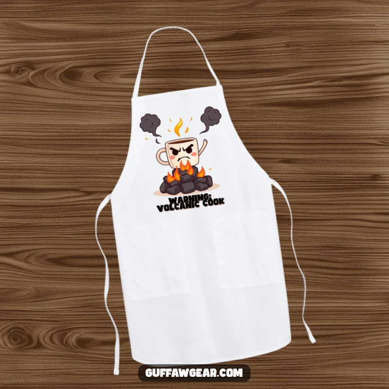Funny apron featuring a grumpy coffee mug attempting to juggle hot coals, a comical kitchen accessory for the brave.