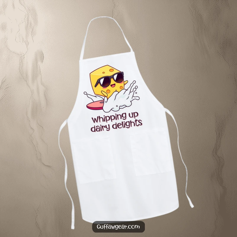 Funny Kawaii cheese wearing sunglasses surfs a milk wave, a humorous kitchen apron for cooking and baking.