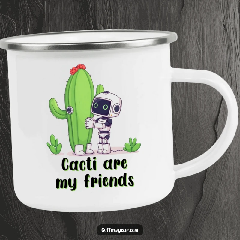 Funny camping mug showing a small robot trying to hug a huge cactus, perfect for outdoor humor and rugged fun.
