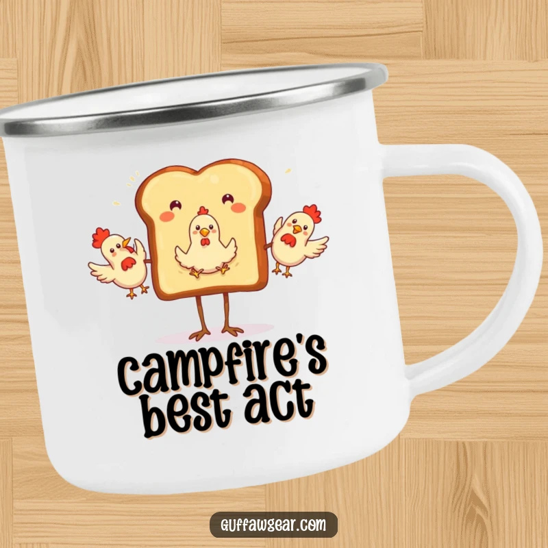 Funny Camping Mug featuring a toast with legs, enthusiastically juggling rubber chickens, ideal for outdoor lovers who appreciate humor.