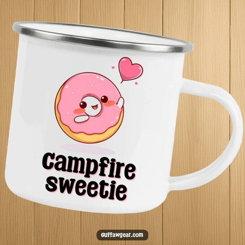 Funny Camping Mug featuring a blushing donut catching a flying candy heart, tough and charming.