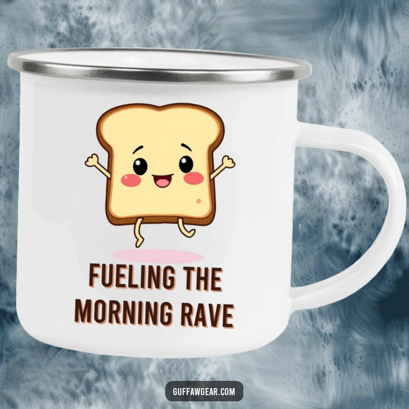 Funny slice of toast with legs doing a frantic dance on a camping mug, designed for enjoying beverages with lively breakfast energy.