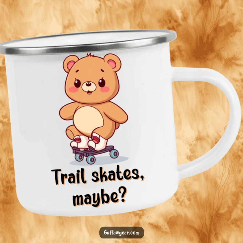 Funny enamel camping mug depicting a smiling bear on roller skates, wobbling hilariously in an outdoor setting.