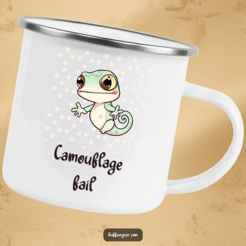 Funny Chameleon Blend Camping Mug: A chameleon comically fails to match polka dots, ideal for humorous outdoor adventures.