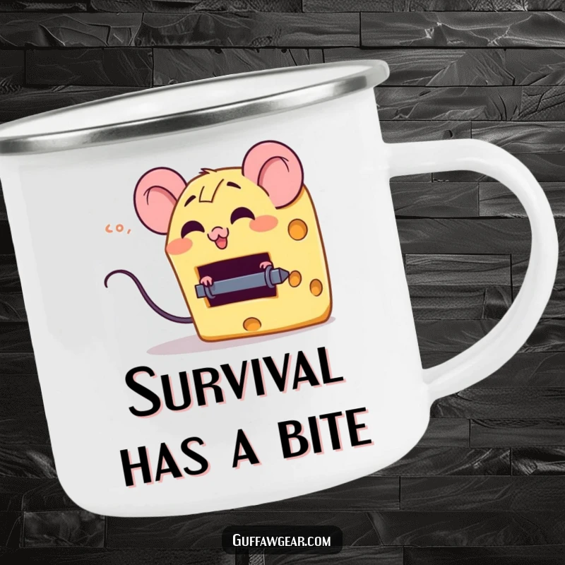 Funny camping mug with a giggling cheese wedge character escaping a tiny mouse trap, ideal for enjoying drinks during outdoor activities.