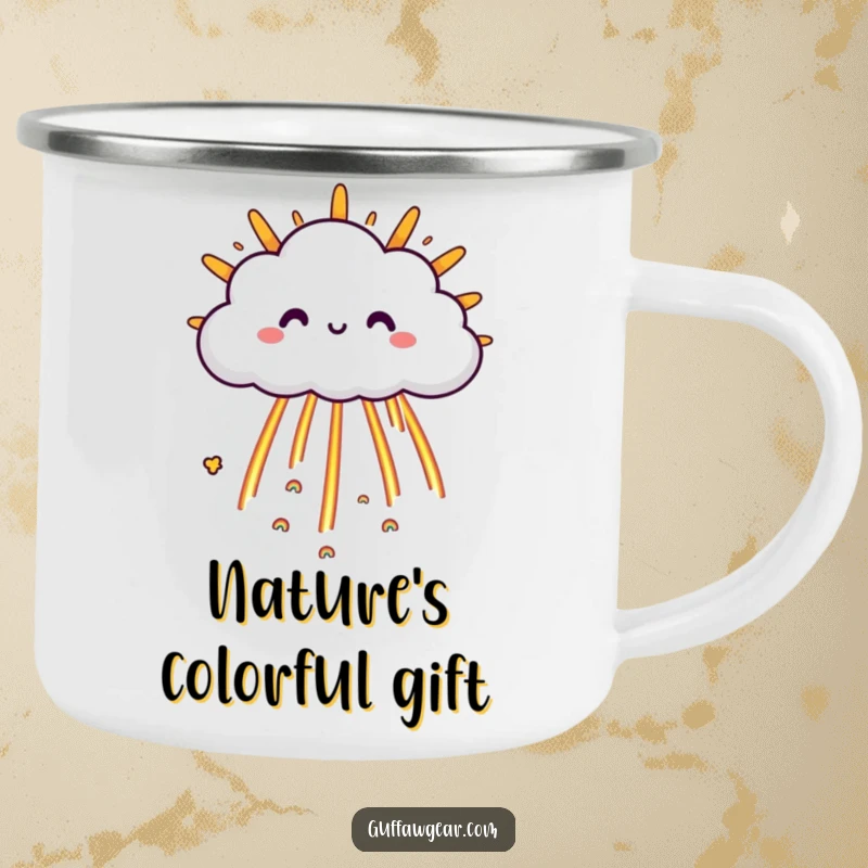 Funny Cloud Camping Mug: A happy cloud character raining tiny rainbows onto a grumpy sun, perfect for outdoor cheer.