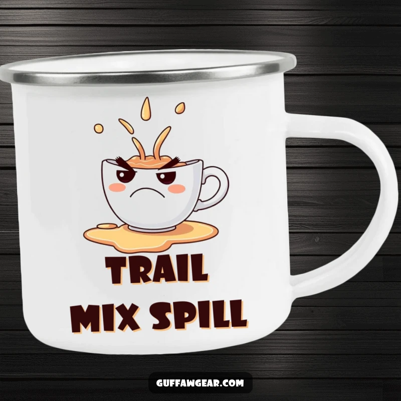 Funny Camping Mug featuring a grumpy teacup spilling its contents with a comical frown, great for outdoor use.