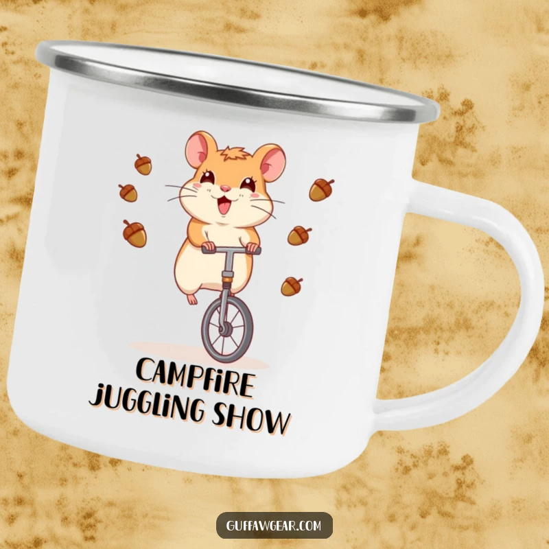 Funny Hamster Camping Mug: A hamster masterfully rides a unicycle while juggling acorns, for outdoor amusement.