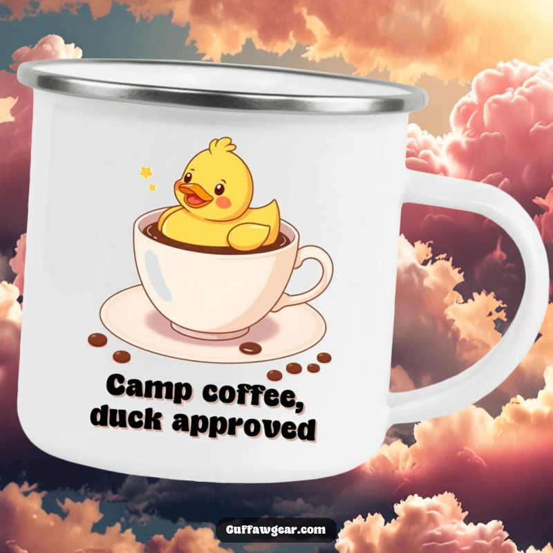 Funny Kawaii rubber duck floating merrily in a coffee-filled teacup, a durable enamel camping mug.