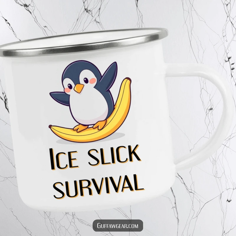 Funny enamel camping mug depicting a penguin dramatically slipping on a banana peel in a snowy, outdoor setting.