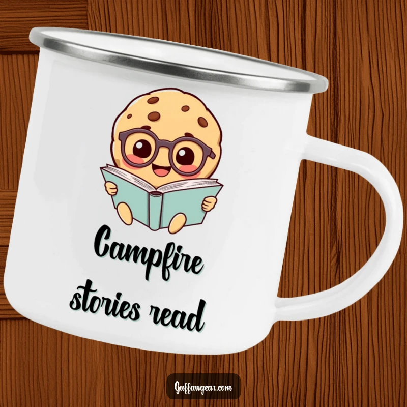 Funny smiling cookie character wearing tiny glasses, reading a giant book, showcased on a rugged camping mug.