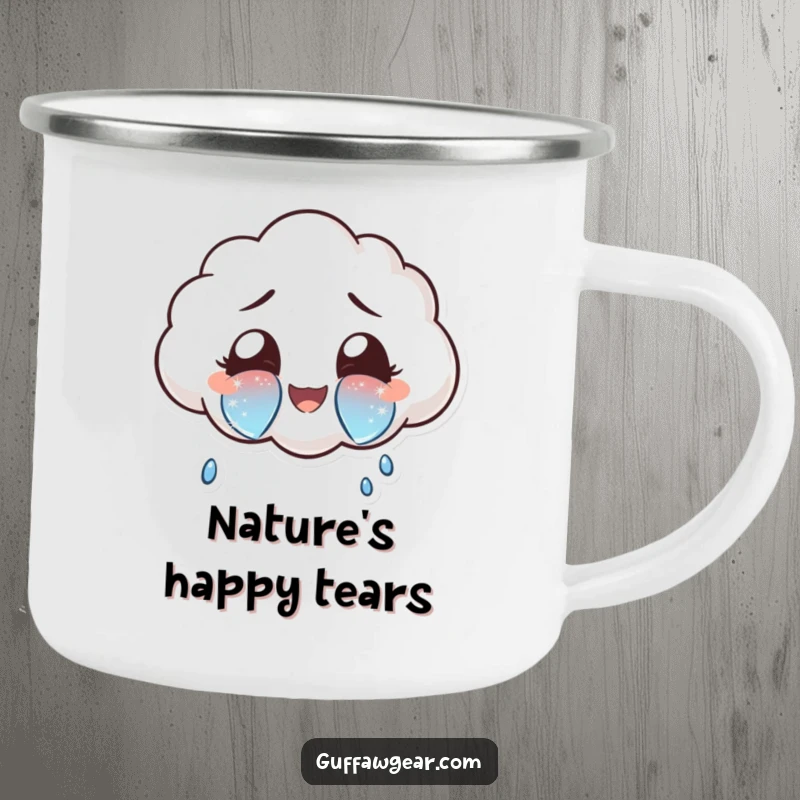 Funny cloud character crying large, sparkly tears of joy on a camping mug, perfect for enjoying beverages with cheerful vibes.