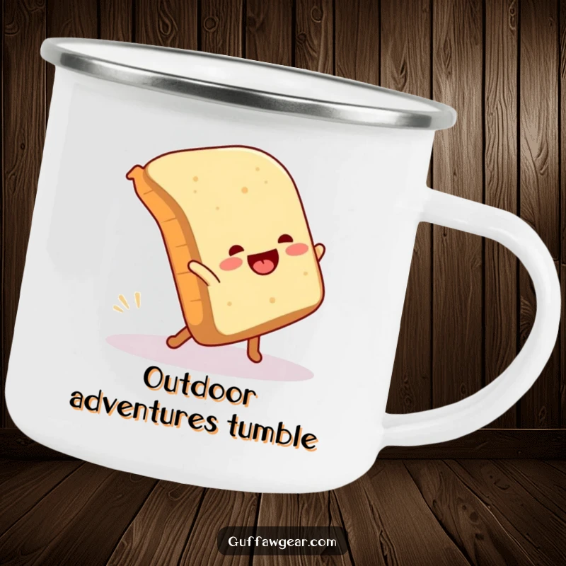 Funny camping mug with a loaf of bread attempting a cartwheel and falling over, adding humor to outdoor beverages.