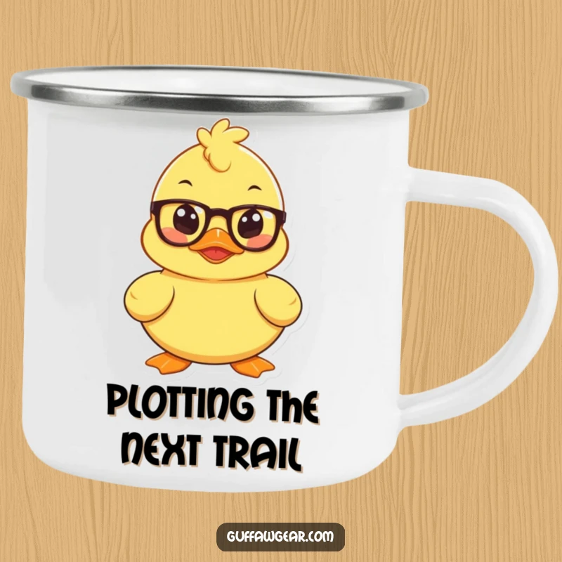 Funny camping mug with a mischievous rubber duck wearing spectacles, plotting, ideal for enjoying drinks during strategic adventures.