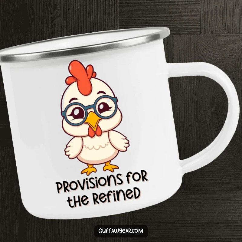 Funny rubber chicken wearing a monocle, comically winking, on a durable camping mug for outdoor merriment and humor.