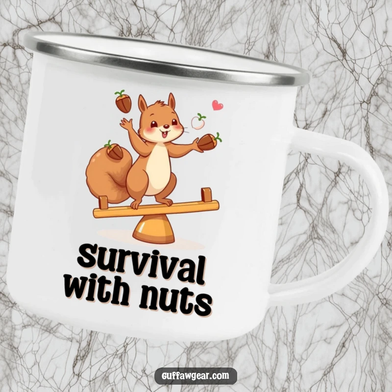 Funny enamel camping mug depicting a squirrel juggling acorns while balancing on a teeter-totter, perfect for outdoor enjoyment.