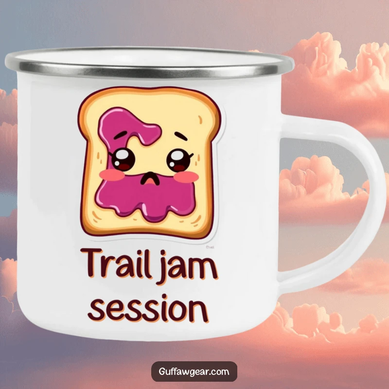 Funny toast with jam running down its face, looking startled, on a durable camping mug.